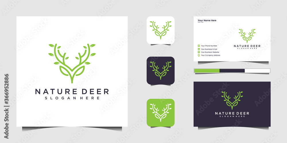 Nature deer logo design with line art style logo and business card
