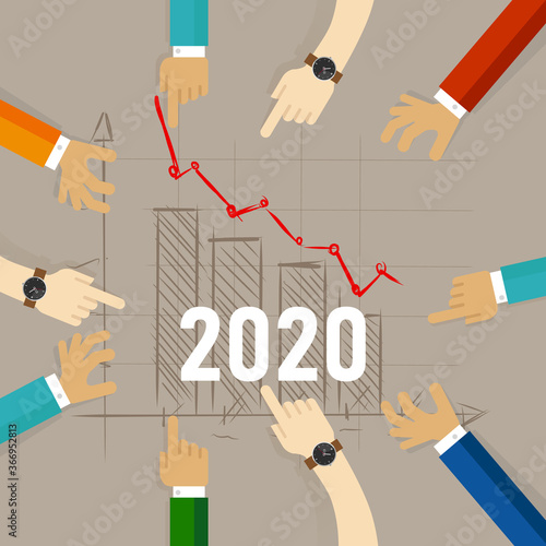 2020 chart going down concept of recession forecast in economics business trade and stock price investment hand pointing at the trend