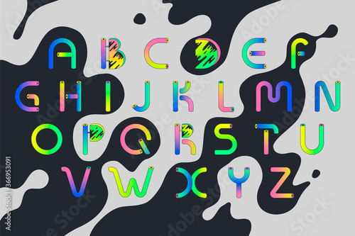 Decorative bright alphabet in memphis style. Gradient letters from plastic tubes