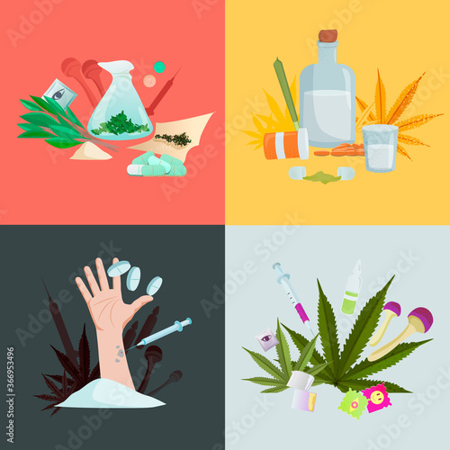 Drug addiction illustration set. Ready to use organic drugs mescaline extract bunch of salvia leaves synthetic substances of mdma capsule vector heroin injections LSD stickers and ecstasy pills.