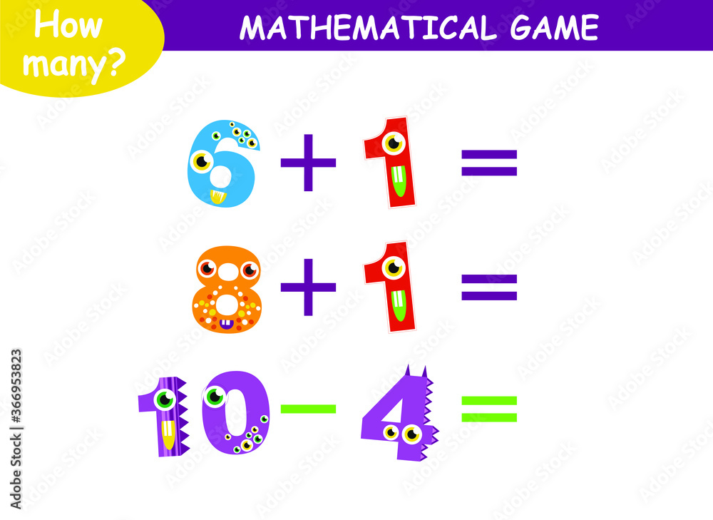 mathematical examples of addition and subtraction with cute monsters. educational page for children. mathematical examples of addition and subtraction with cute monsters. educational page for children.