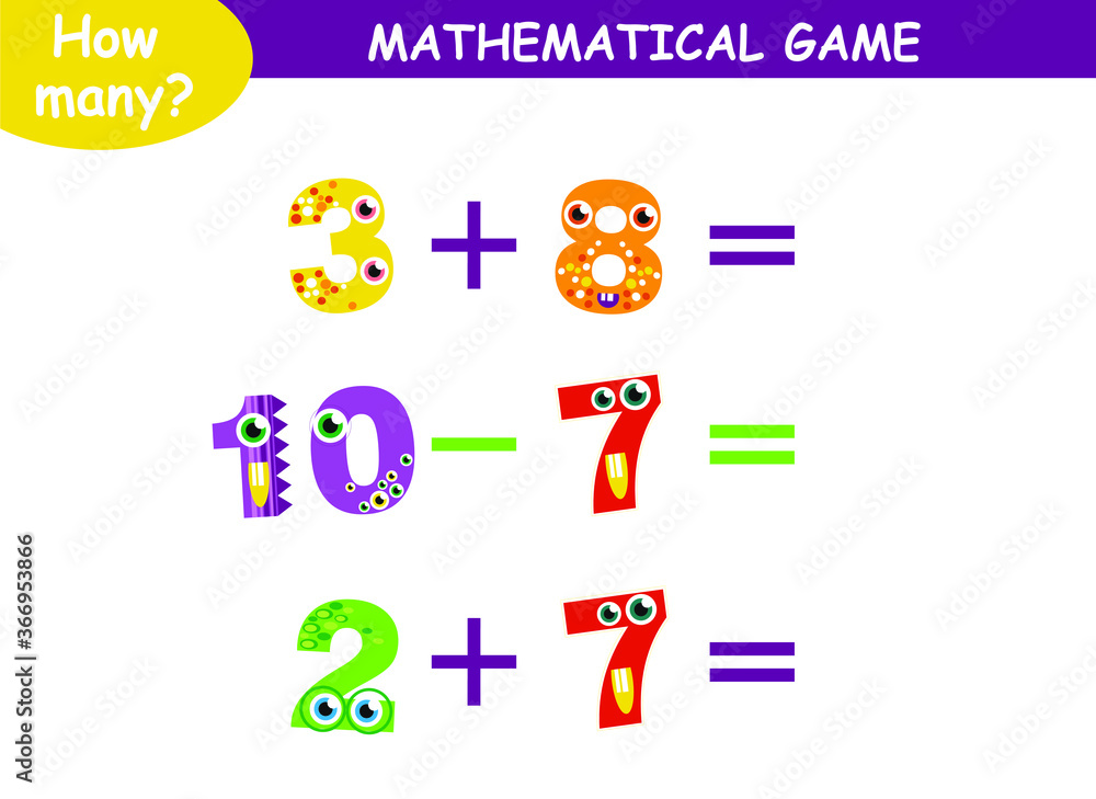 Fototapeta premium mathematical examples of addition and subtraction with cute monsters. educational page for children.