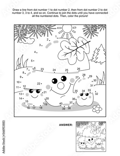 Three mushrooms connect the dots puzzle and coloring page, activity sheet for kids. Answer included.
