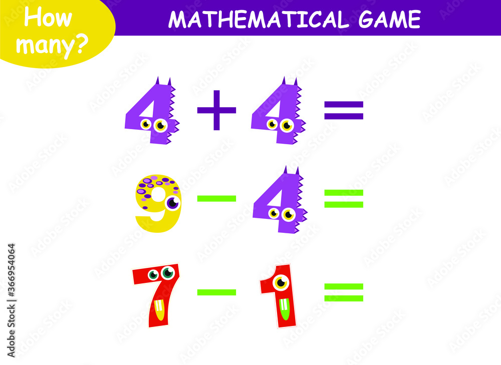 mathematical examples of addition and subtraction with cute monsters. educational page for children. mathematical examples of addition and subtraction with cute monsters. educational page for children.