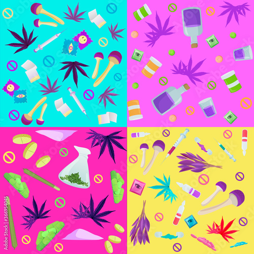 Narcotic substances illustration set. LSD brands with hemp leaves tincture salvia herb with green ecstasy pills mescaline extract from peyote cactus heroin morphine solution in syringe vector drugs.
