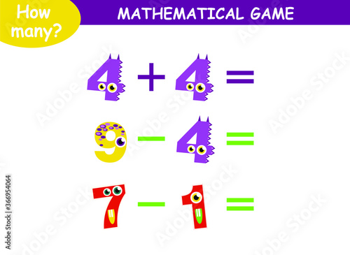 mathematical examples of addition and subtraction with cute monsters. educational page for children.