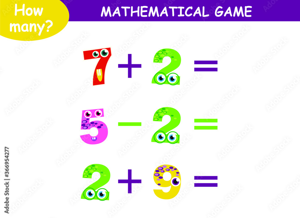 mathematical examples of addition and subtraction with cute monsters. educational page for children.