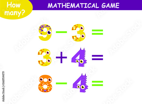 mathematical examples of addition and subtraction with cute monsters. educational page for children.