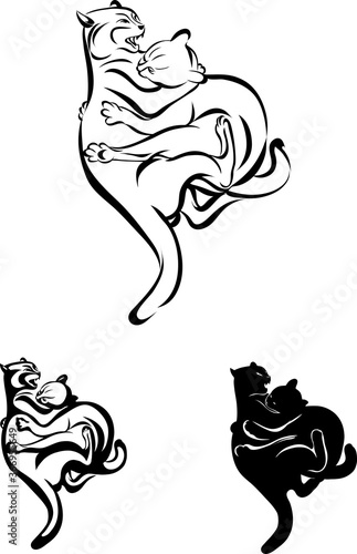 Image of fighting cats  graphic image of a cat  black  silhouette  set  vector  illustration  image of fighting cats