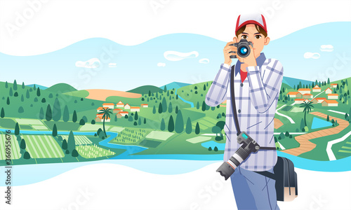 young photographer wearing hat and bring waist bag taking picture of rural landscape vector illustration