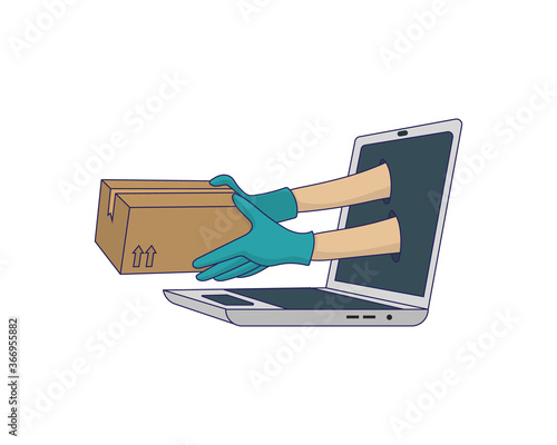 Hands in medical gloves holding package coming out of a laptop. Online shopping service and parcels safely and with protection.