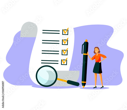 Task done vector illustration. Flat tiny check to do list persons concept. Symbolic positive and approved checklist or completed project validation form. 