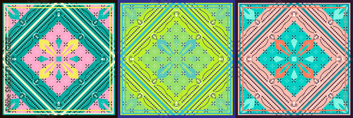 Tribal square Boho ornament for boys and girls. Ethnic African bandana pattern with chevrons and triangles. Aztec style. Modern Geometric rug