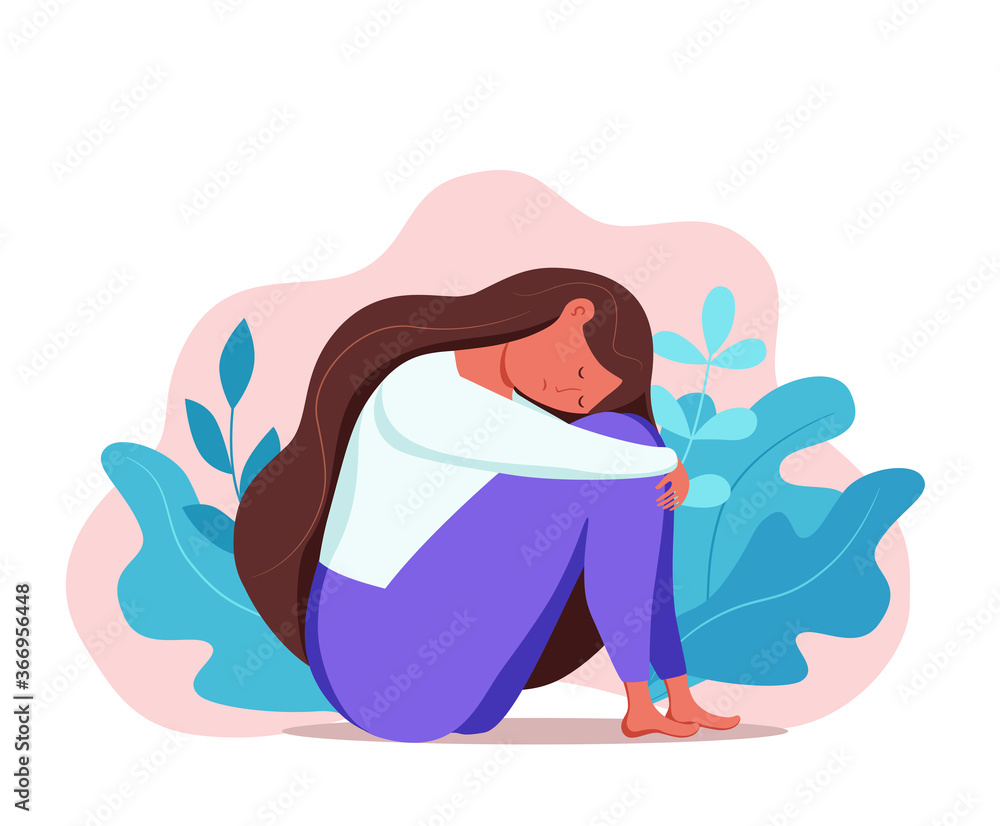 Depressed sad lonely woman in anxiety, sorrow vector cartoon illustration.