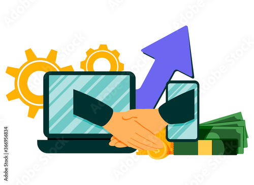 ..online conclusion of the transaction. the opening of a new startup. business handshake, via phone and laptop. vector illustration in a flat style investor holds money 