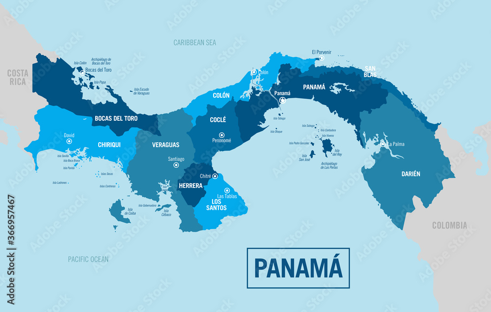 Naklejka premium Panama country political map. Detailed vector illustration with isolated provinces, departments, regions, cities and states easy to ungroup.