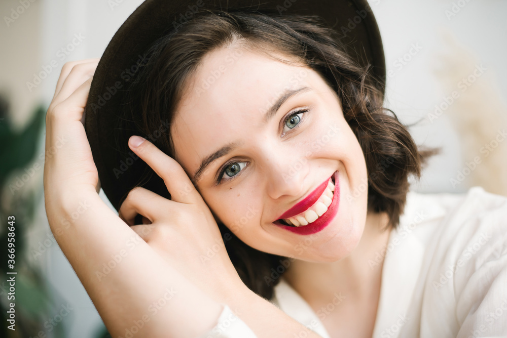 Close up portrait of young beautiful brunette girl smiling. Colorful, positive. Close up portrait of young beautiful brunette girl smiling. Colorful, positive.