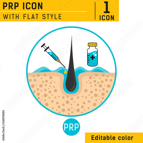 Platelet rich plasma design template with a syringe and a follicle for hair loss treatment. Platelet rich plasma icon, prp therapy, stop hair loss linear sign with fresh color. Editable color