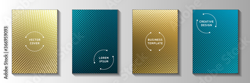 Modern dot perforated halftone front page templates vector set. School brochure faded halftone 