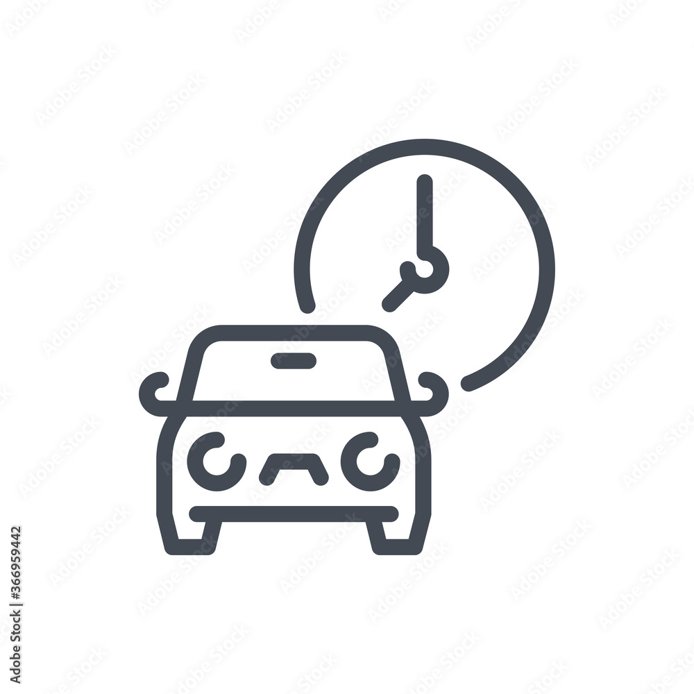 Car Rental and Parking Times line icon. Car with Clock vector outline sign. Car Rental and Parking Times line icon. Car with Clock vector outline sign.