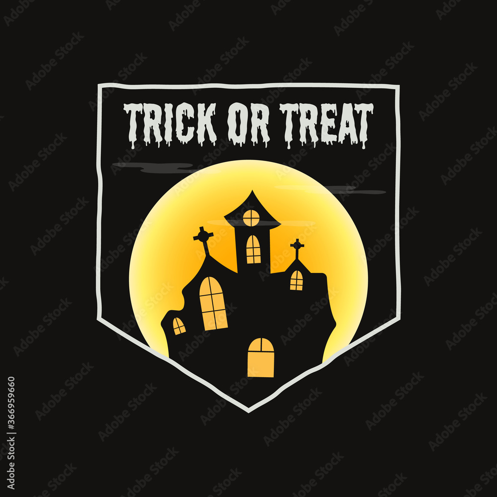 Vintage Halloween typography badge graphics with horror castle landscape scene, moon and quote text - Trick or Treat. Holiday retro emblem label. Stock vector sticker on black background