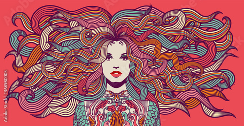 Hippie woman with colorful hair and attire, 1960's, 1970's style illustration. Eps10 vector.