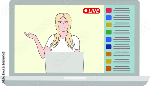 A young girl conducts an online broadcast using a platform for online broadcasts. The Millennial blogger uses his channel to communicate with the audience and produces video content in real time.