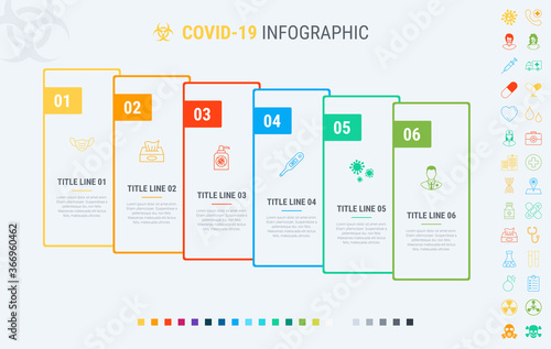 Timeline covid-19 infographic design vector. 6 steps, graph workflow layout. Vector coronavirus infographic timeline template. Many additional icons.
