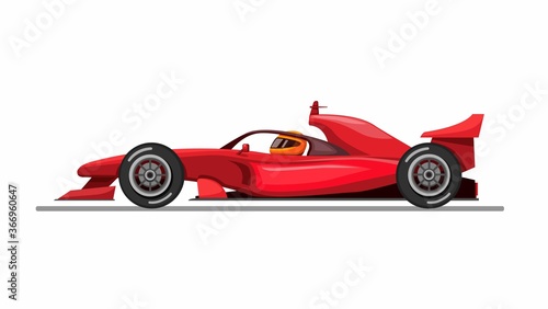 Formula one car and driver with halo aka head guard from side view concept in cartoon illustration vector on white background
