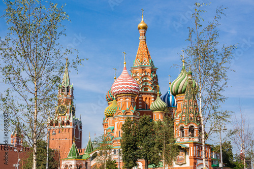 View to Cathedral of Vasily the Blessed and Spasskaya Tower on the background, Moscow Kremlin, Russia