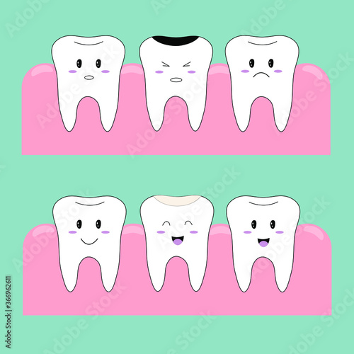 Vector illustration. The choice of images. Funny teeth. Teeth icons. Treatment of caries. Caries. The correction of the teeth. Flat illustration.