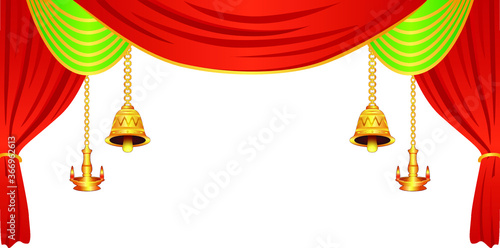 Marigold flowers and curtain decorations with bells, lamps for the temple, and house doors.