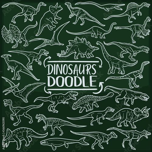 Dinosaurs Chalkboard Doodle Icons. Sketch Hand Made Design Vector Art.