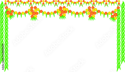 Marigold flowers and curtain decorations with bells, lamps for the temple, and house doors.