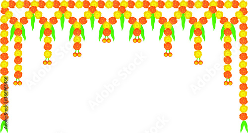 Marigold flowers and curtain decorations with bells, lamps for the temple, and house doors.