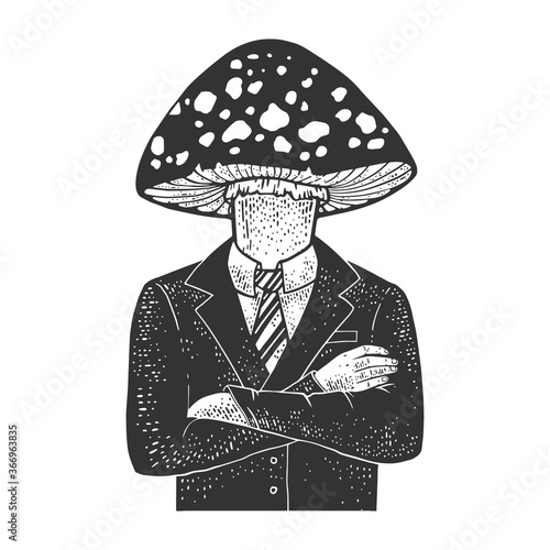 Amanita fly agaric toxic mushroom head businessman sketch engraving vector illustration. T-shirt apparel print design. Scratch board imitation. Black and white hand drawn image.