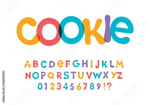 Color font for bright packaging design for cookies, snacks and sweets. Children font for kids holidays and toys. Vector typography.