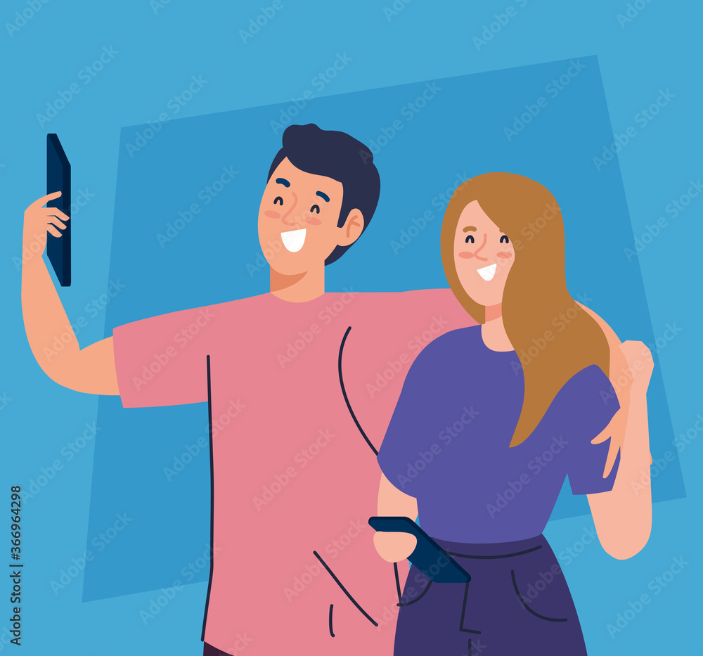 Obraz premium happy couple are take selfie, woman and man are photographed together vector illustration design