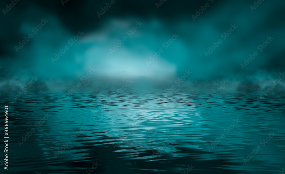 Naklejka premium Dramatic dark background. Reflection of light on the water. Smoke fog. Light neon effect, energy waves on a dark abstract background. Laser neon show. Smoke, fog. 3d illustration