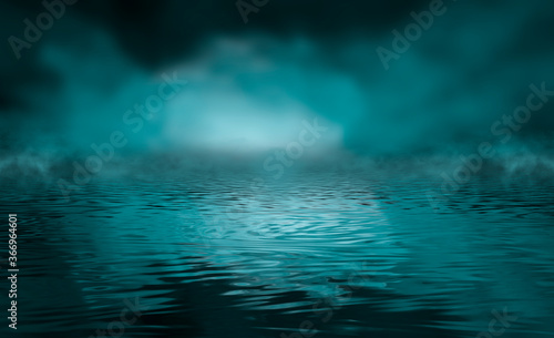 Dramatic dark background. Reflection of light on the water. Smoke fog. Light neon effect, energy waves on a dark abstract background. Laser neon show. Smoke, fog. 3d illustration