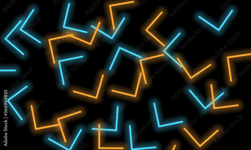 Neon geometric elements scattered at random, angle, triangle, lines, blue orange color, on a black background. Abstraction. Vector illustration. Neon geometric elements scattered at random, angle, triangle, lines, blue orange color, on a black background. Abstraction. Vector illustration.