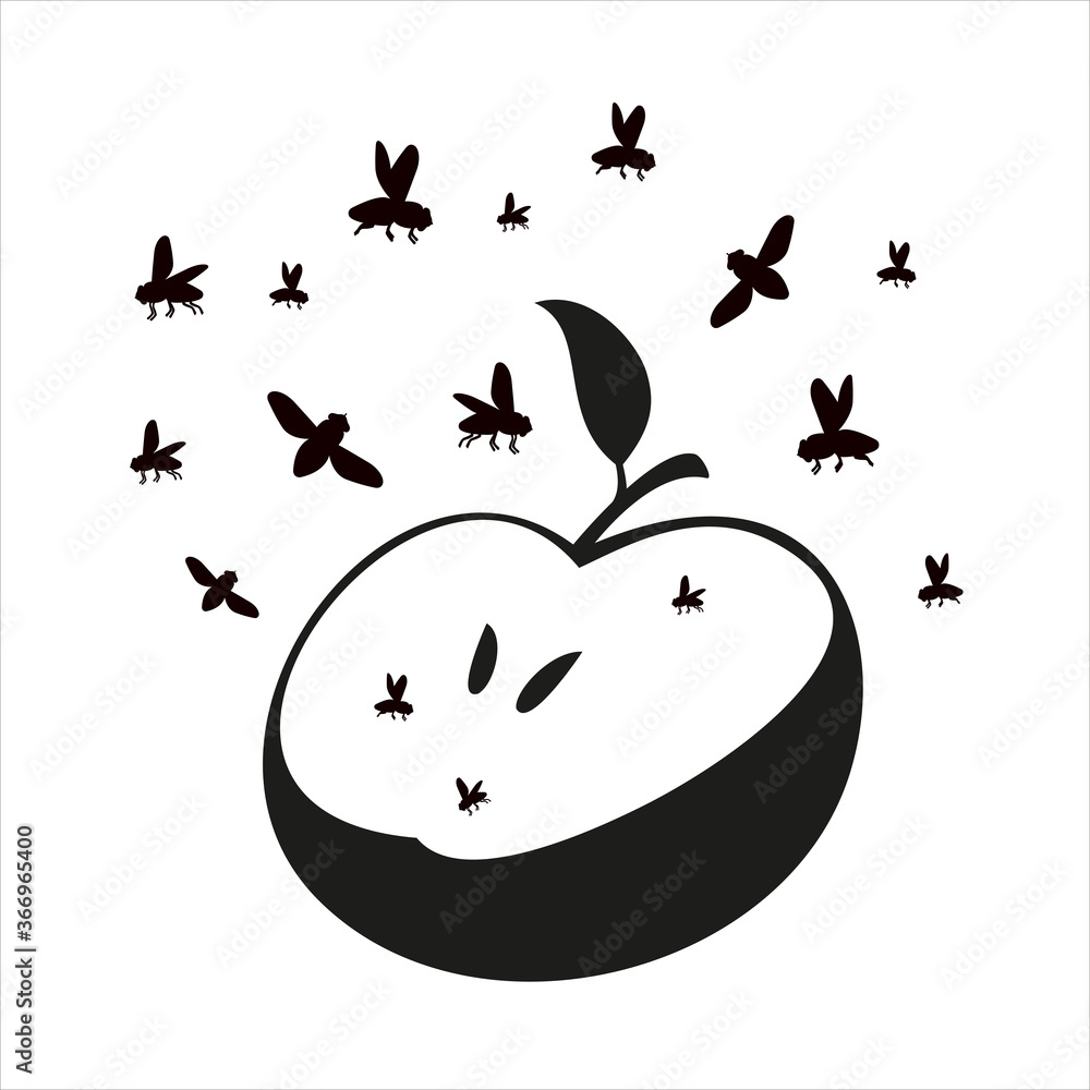 Flies or midges fly over the apple.. Silhouette. Flies in flight Flies or midges fly over the apple.. Silhouette. Flies in flight