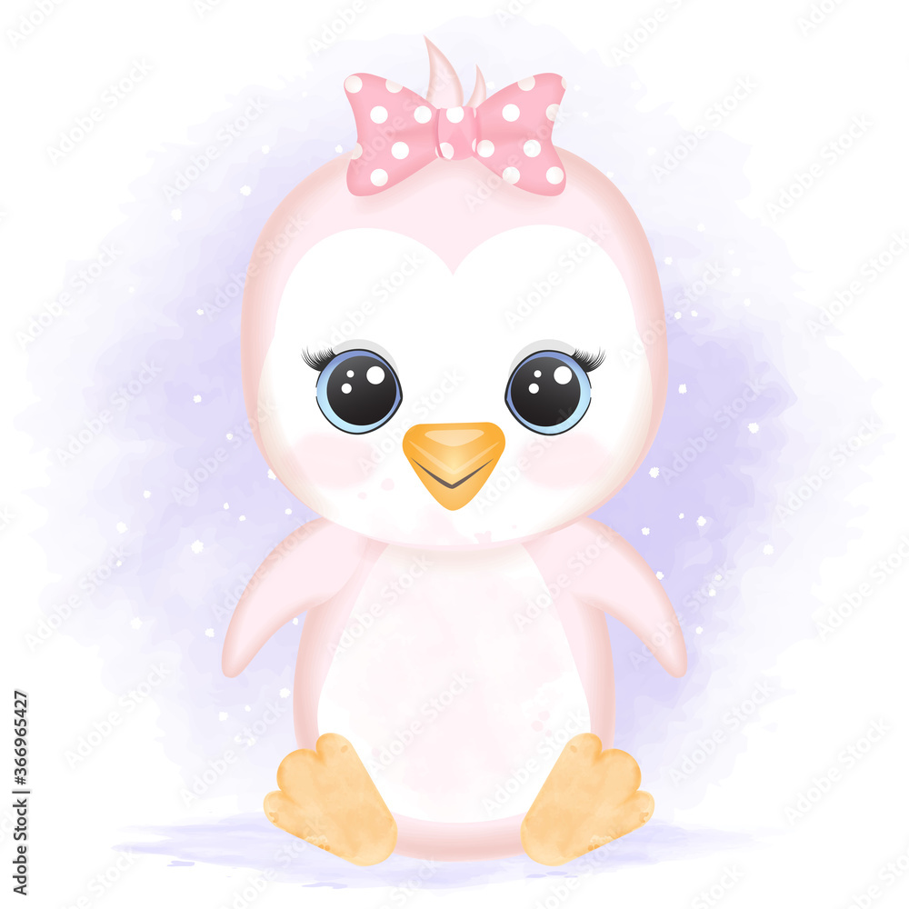 Obraz premium Cute baby penguin hand drawn cartoon watercolor illustration