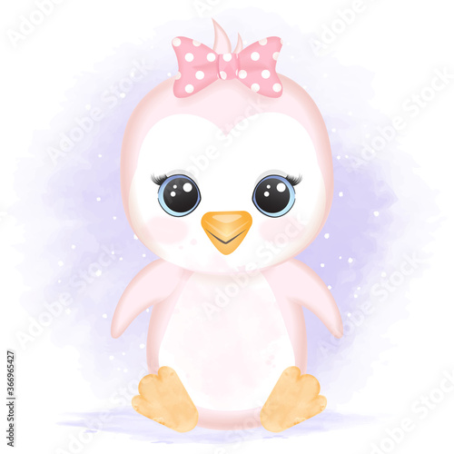 Cute baby penguin hand drawn cartoon  watercolor illustration