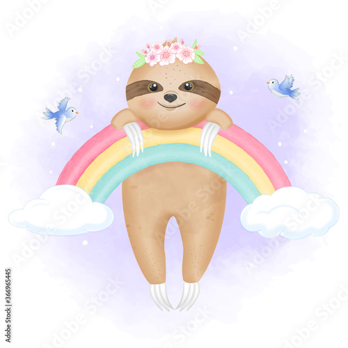 Cute sloth hanging on rainbow and birds hand drawn animal watercolor illustration