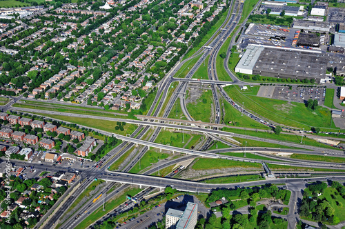 Aerial view of a highway interchange in the Montreal region