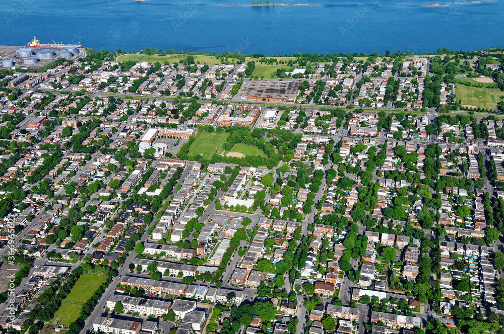 Aerial view of a residential east area of Montreal in summer