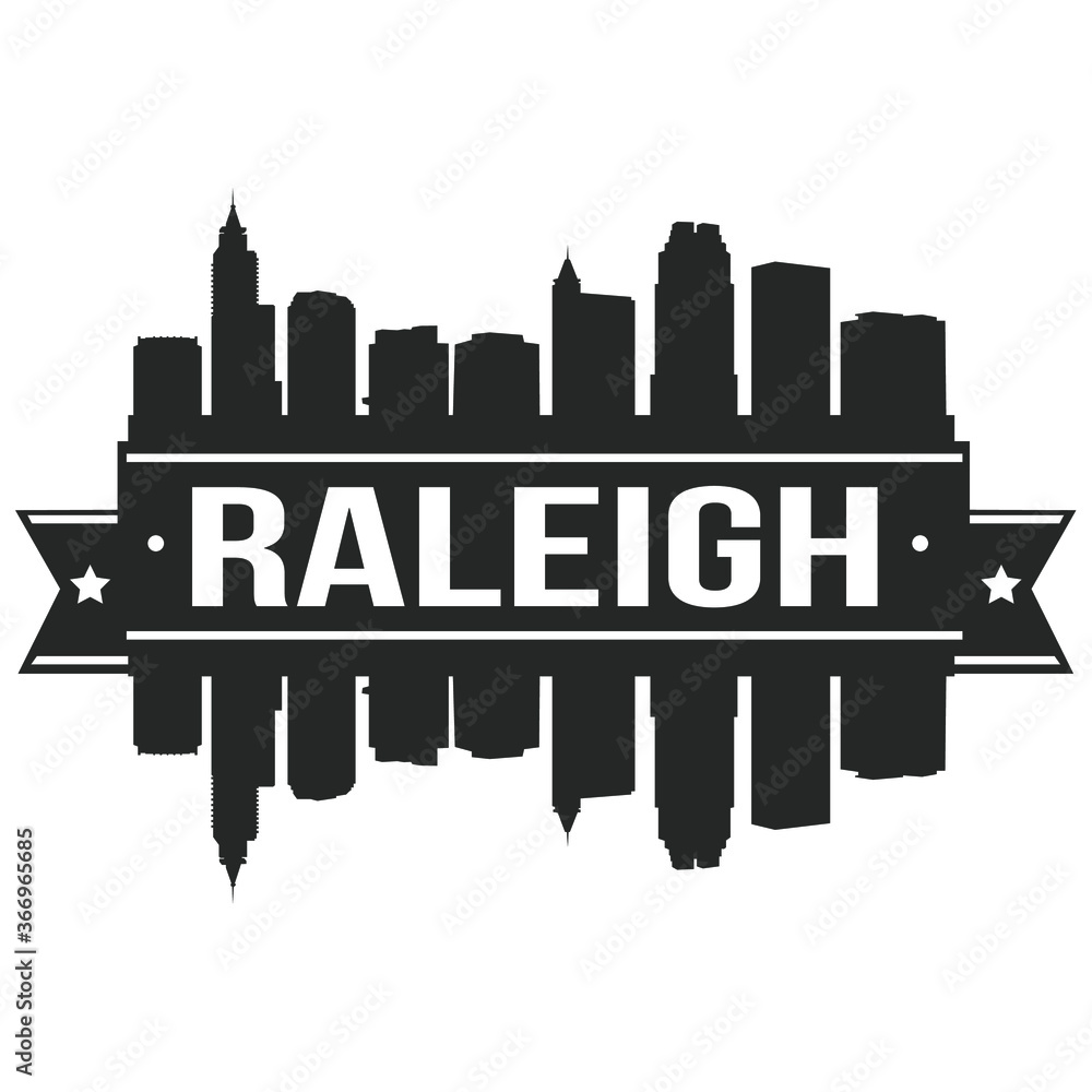 Raleigh Skyline Stamp Silhouette. Reflection Landscape City Design. Vector Cityscape Icon.  