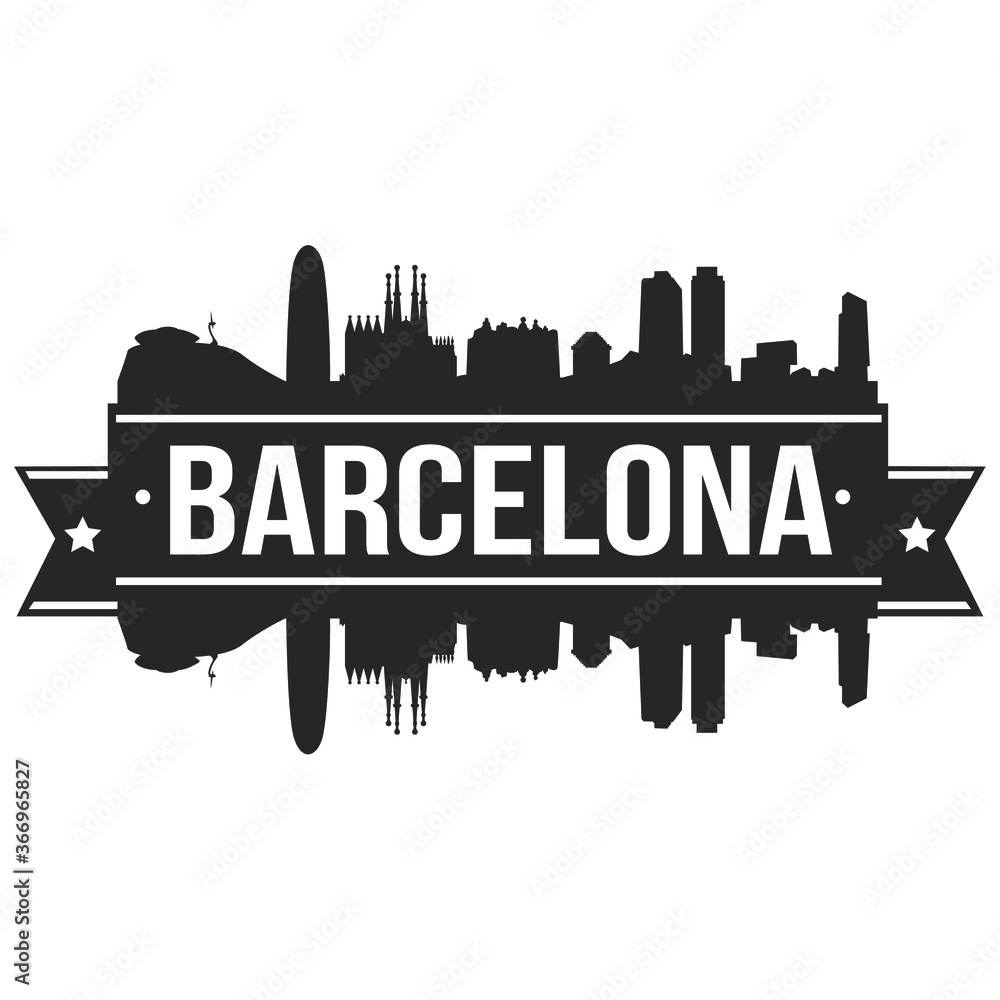 Barcelona Skyline Stamp Silhouette. Reflection Landscape City Design. Vector Cityscape Icon.  