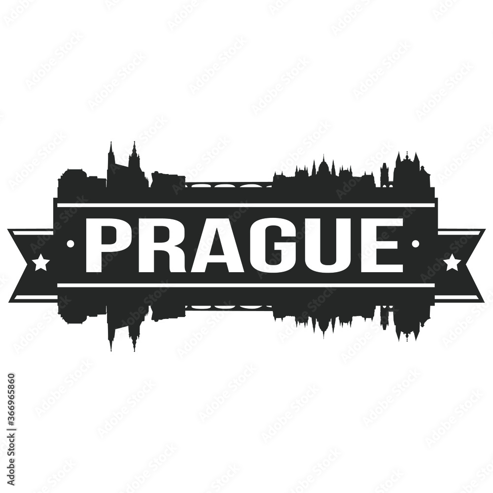Prague Skyline Stamp Silhouette. Reflection Landscape City Design. Vector Cityscape Icon.  